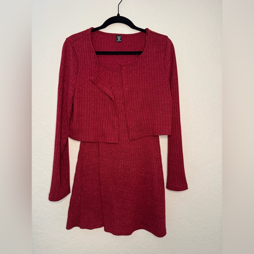 Red Ribbed Knit Two-Piece Mini Dress Set - Picture 5 of 5